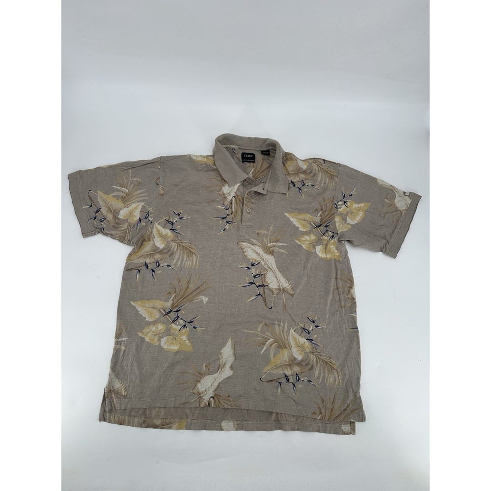 Izod Double‎ Mercerized M's XL Polo Shirt Beige Floral Short Sleeve Golf Leisure